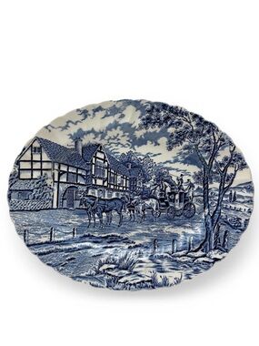 Vintage Myott Royal Mail Blue Staffordshire Oval Platter England 12 1/4”